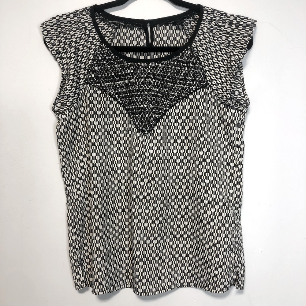 Maison Scotch Jolie Vegabond Geometric Smocked Cap Ruffle Sleeve Blouse, sz 1(4)